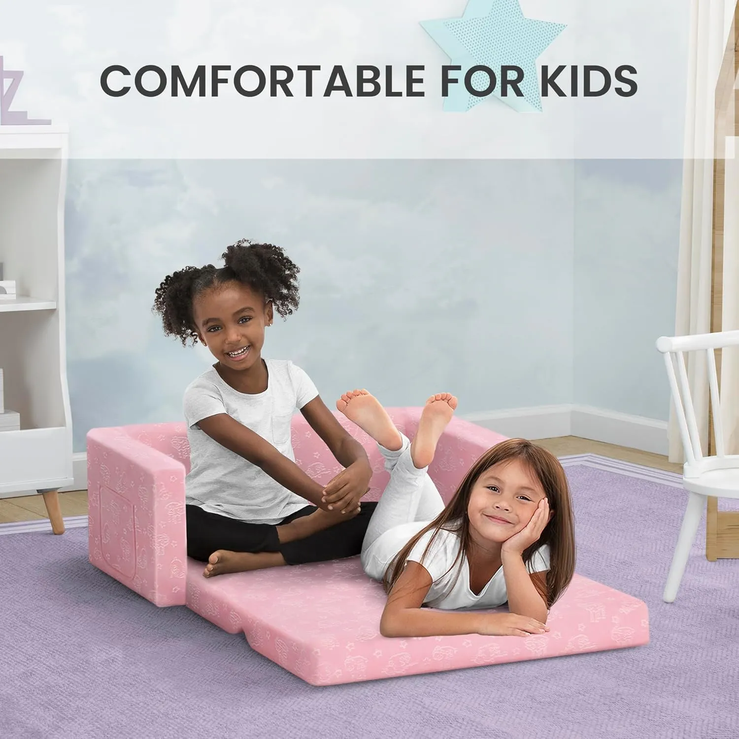 Serta Perfect Sleeper Extra Wide Convertible Sofa to Lounger - Comfy 2-in-1 Flip Open Couch/Sleeper for Kids, Pink