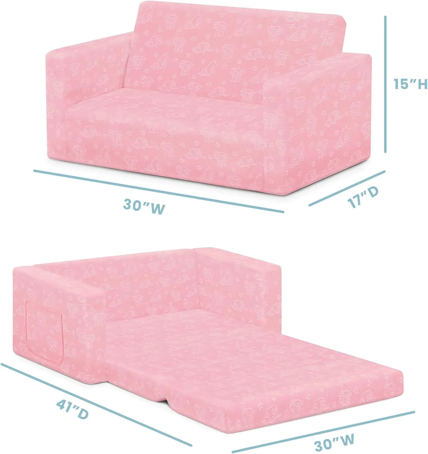 Serta Perfect Sleeper Extra Wide Convertible Sofa to Lounger - Comfy 2-in-1 Flip Open Couch/Sleeper for Kids, Pink
