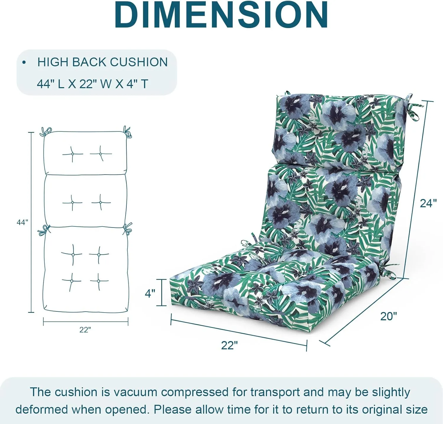 Set of 2 Outdoor High Back Chair Cushions 44"x 22",Water Repellent Rocking Cushion Replacement, Seat/Back Chair Cushions for Patio,Porch,and Indoor - Blue Salmone Tropical