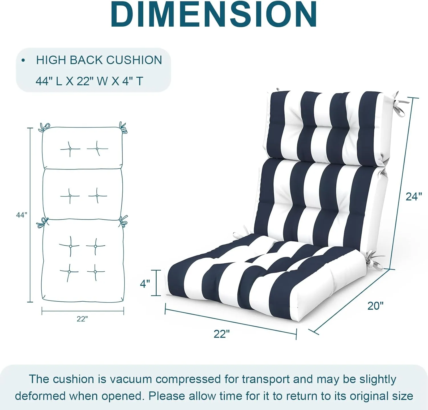 Set of 2 Outdoor High Back Chair Cushions 44"x 22",Water Repellent Rocking Seat Cushions Replacement, Seat/Back Chair Cushions for Patio,Porch,Balcony and Indoor - Cabana Navy