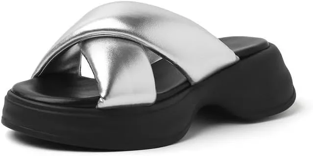 SIFINELAR Women’s Black Round Toe Vegan Leather Thick Bottom Slippers Criss-cross Straps Casual Outdoor Sandals
