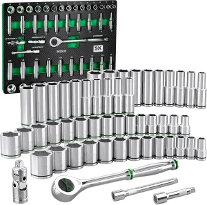 SK 1/2" Drive Socket Set with 160-P Ratchet, 52-Piece, SAE & Metric, SuperKrome Finish, Premium CR-V Construction, with EVA Foam Tool Organizer