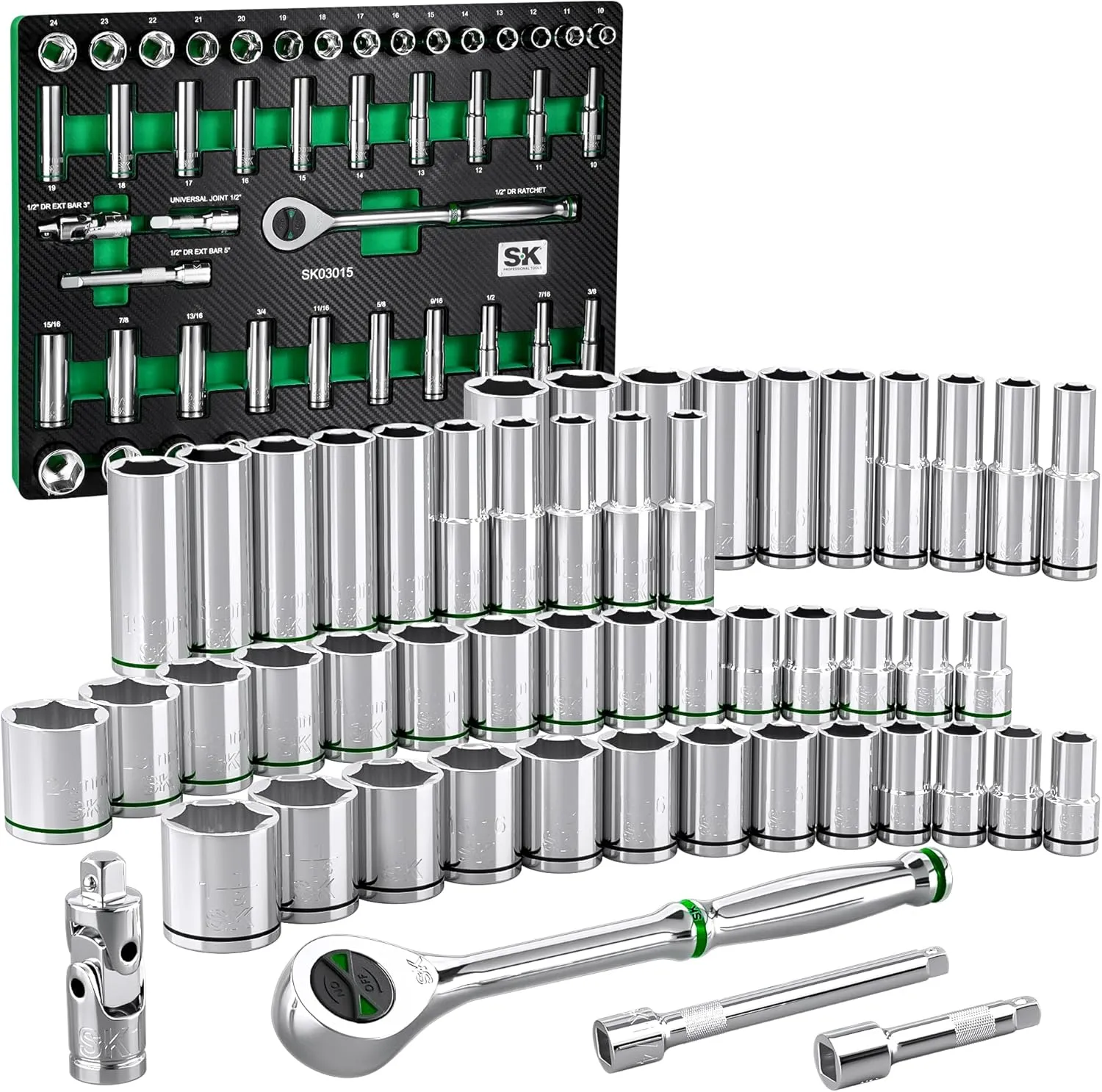 SK 1/2" Drive Socket Set with 160-P Ratchet, 52-Piece, SAE & Metric, SuperKrome Finish, Premium CR-V Construction, with EVA Foam Tool Organizer