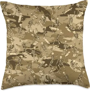 Skateboarding Skater Skeletons Camo Pattern Desert Throw Pillow