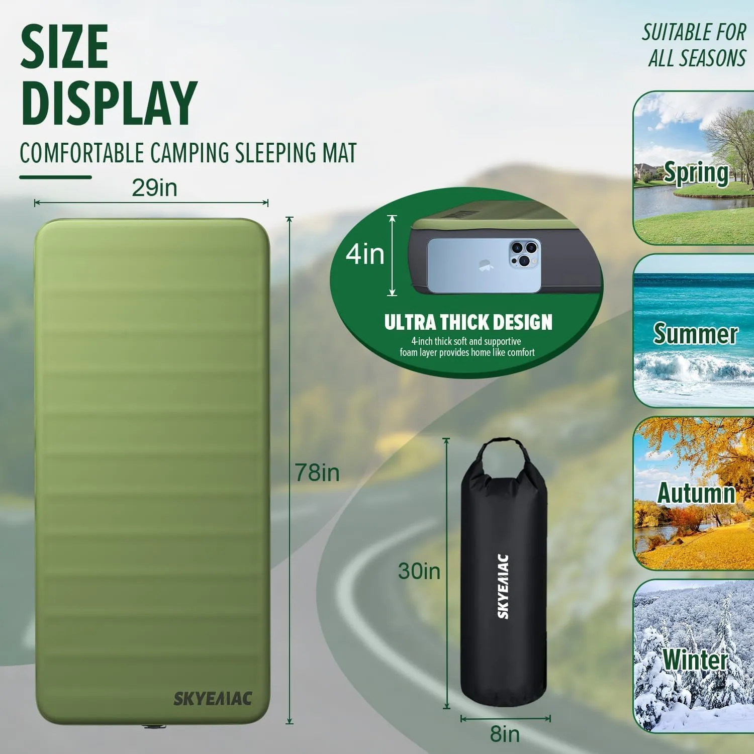 SKYEMAC 4" Thick Self Inflating Sleeping Pad with 13R Memory Foam, 78" x 29" Camping Mattress with Pump Sack, Portable Roll Up Bed, Inflatable Outdoor Mat for Rooftop Tent Car Truck Van, 4 Season