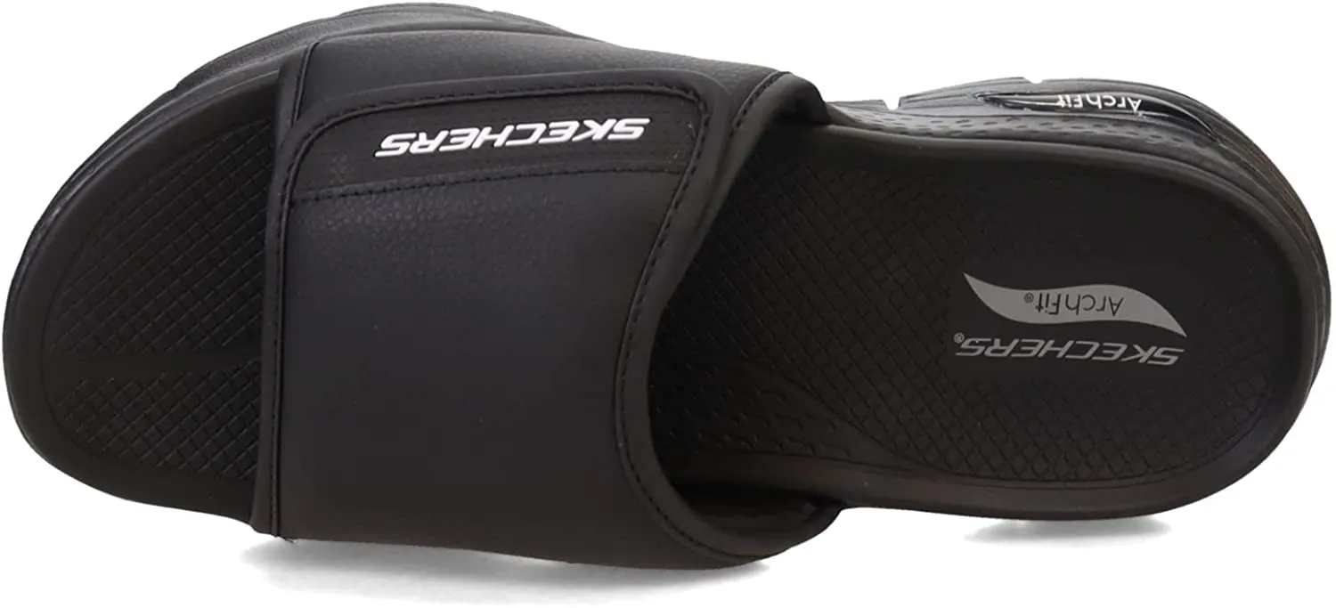 Slide Sandals Footbed Adjustable Versatile Slip Contoured Arch Fit Strap Black On Skechers Final call