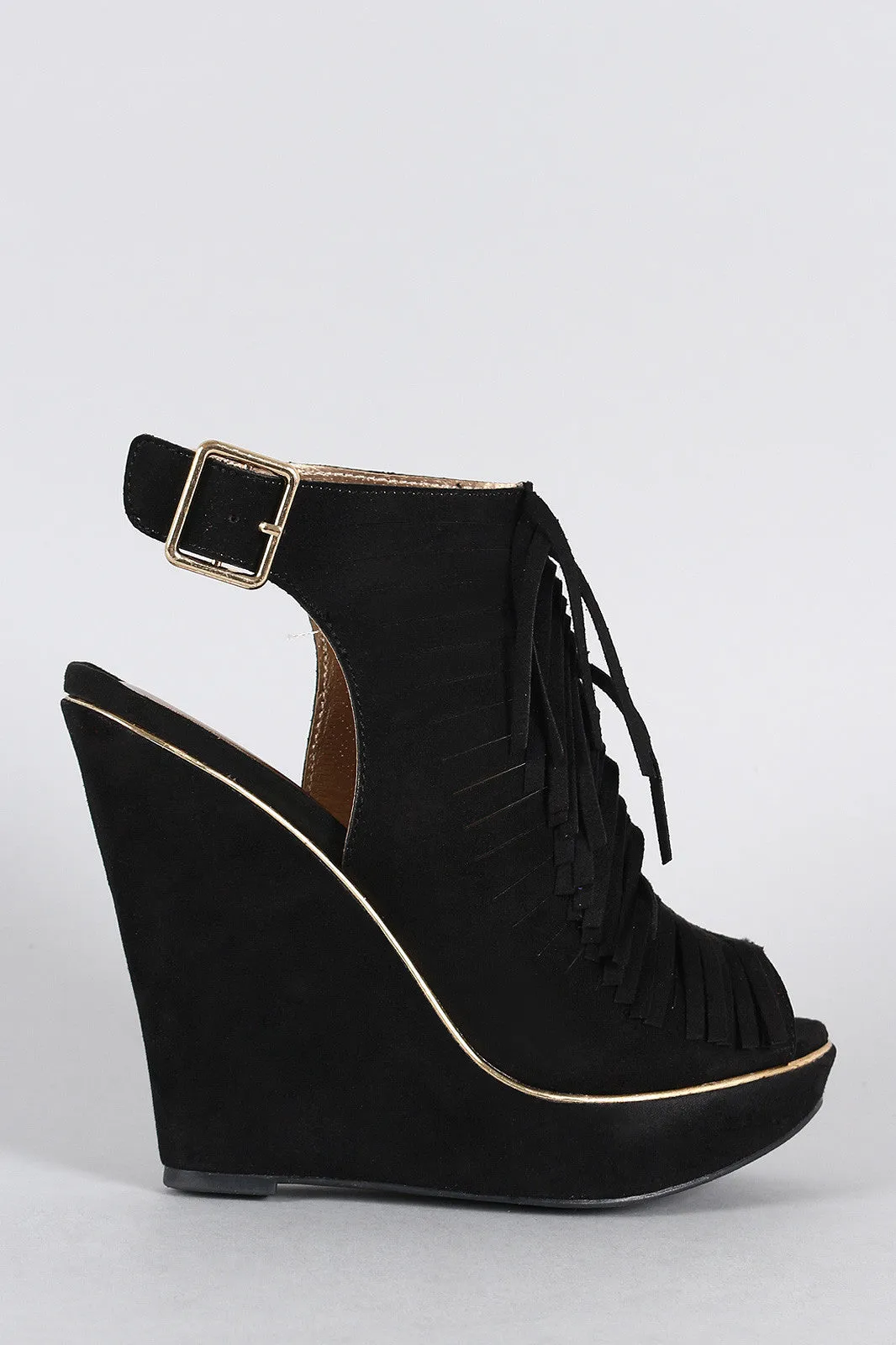 Slingback Slit Peep Mule Discount coupons Toe Qupid Suede Fringe Optimized Wedge