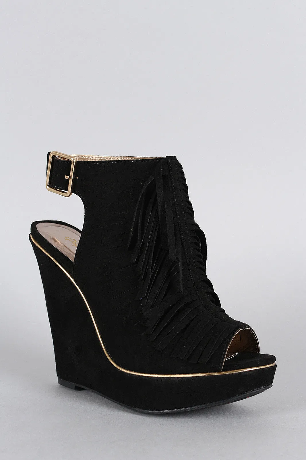 Slingback Slit Peep Mule Discount coupons Toe Qupid Suede Fringe Optimized Wedge