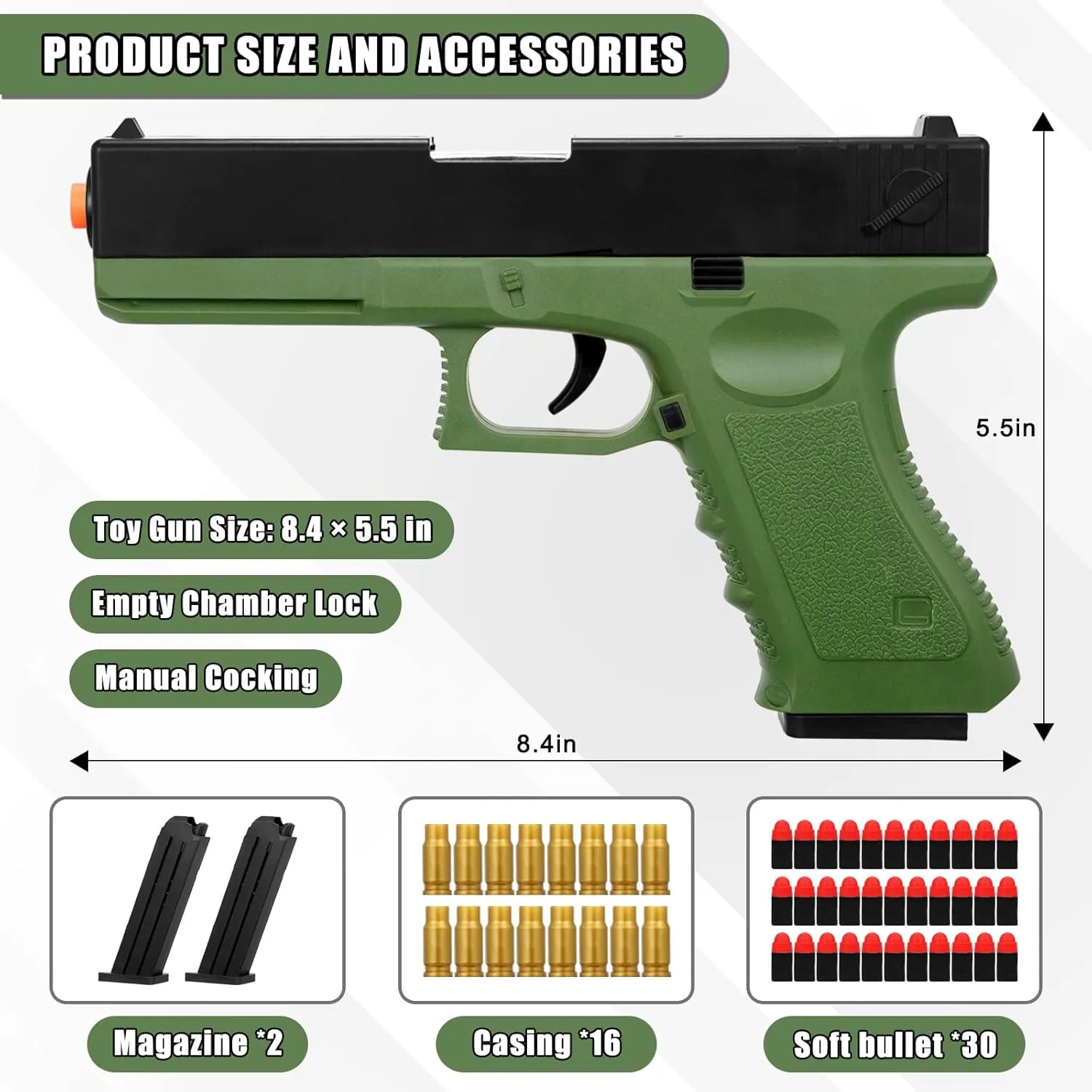 Soft Bullet Toy Gun Shell Ejecting with 30 Bullets, Toy Gun Pistol for Boys, Realistic Foam Dart Blaster Toy Gun, Shooting Game Toy Pistol Model, Christmas Birthday Gifts for Boys Girls Age 6  (Green)