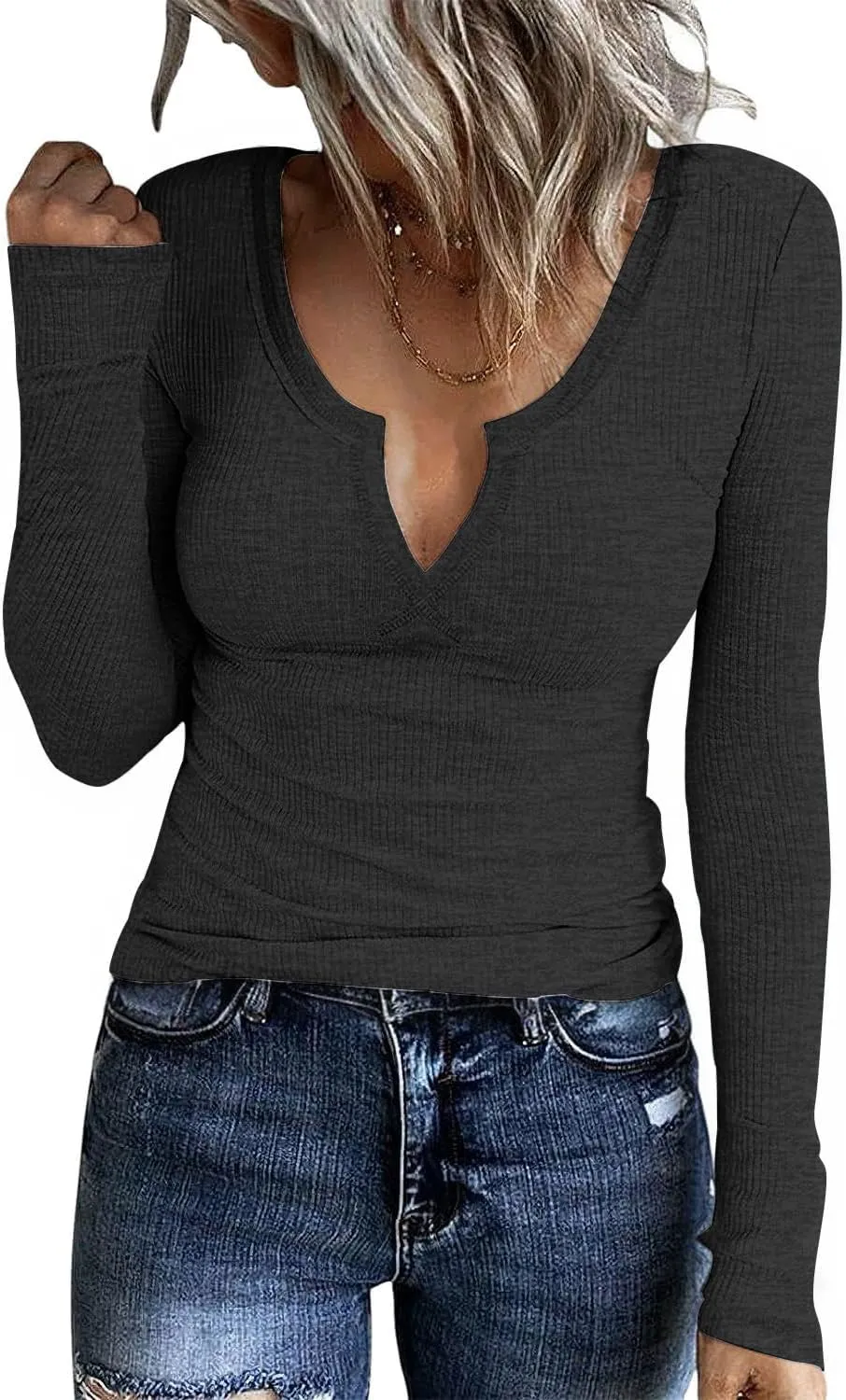 Soft Henley Long Sleeve Shirts for Women, Ribbed Stretch Long Sleeve Tops for Women Casual Basic V Neck Tshirt