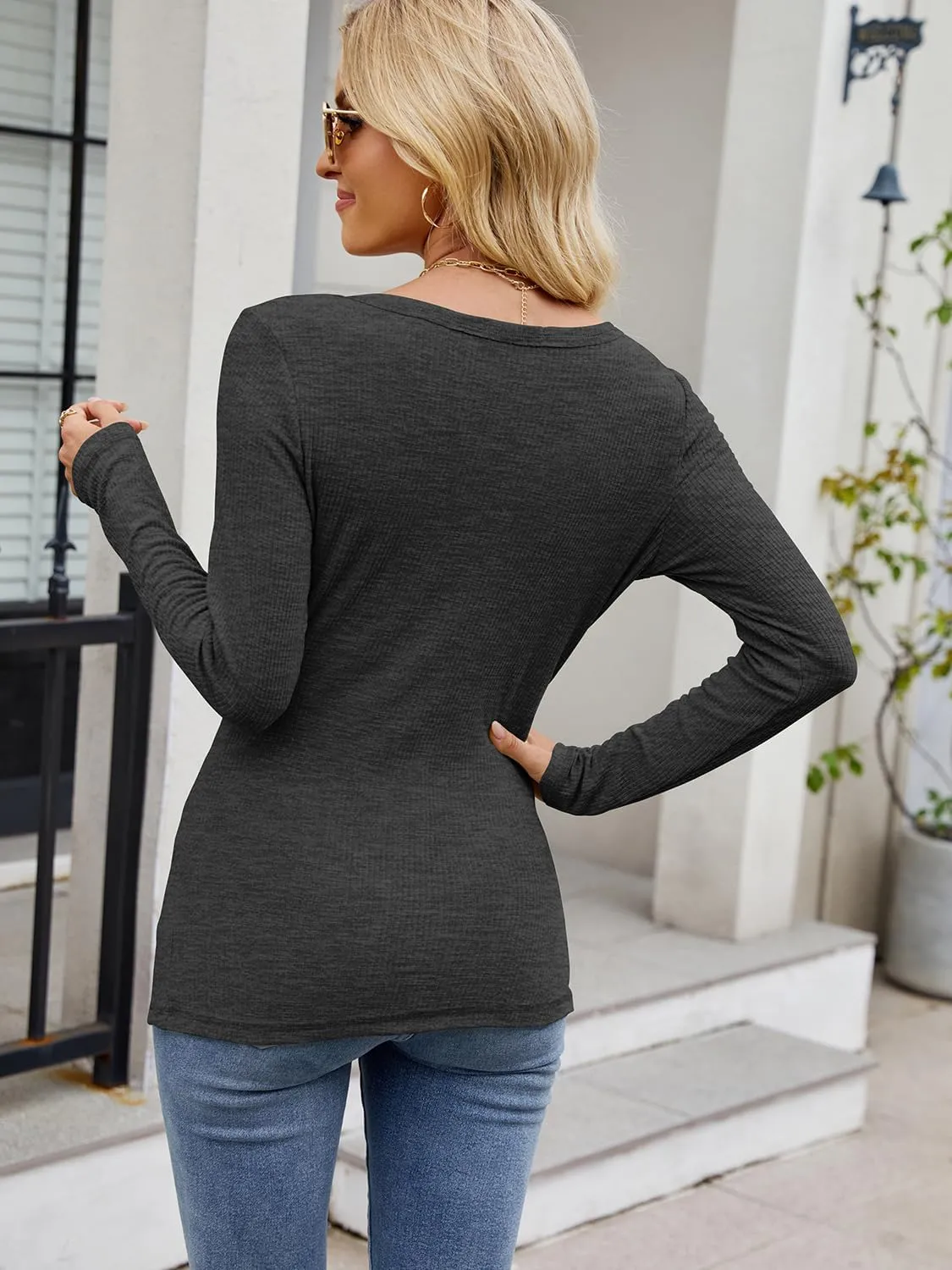 Soft Henley Long Sleeve Shirts for Women, Ribbed Stretch Long Sleeve Tops for Women Casual Basic V Neck Tshirt