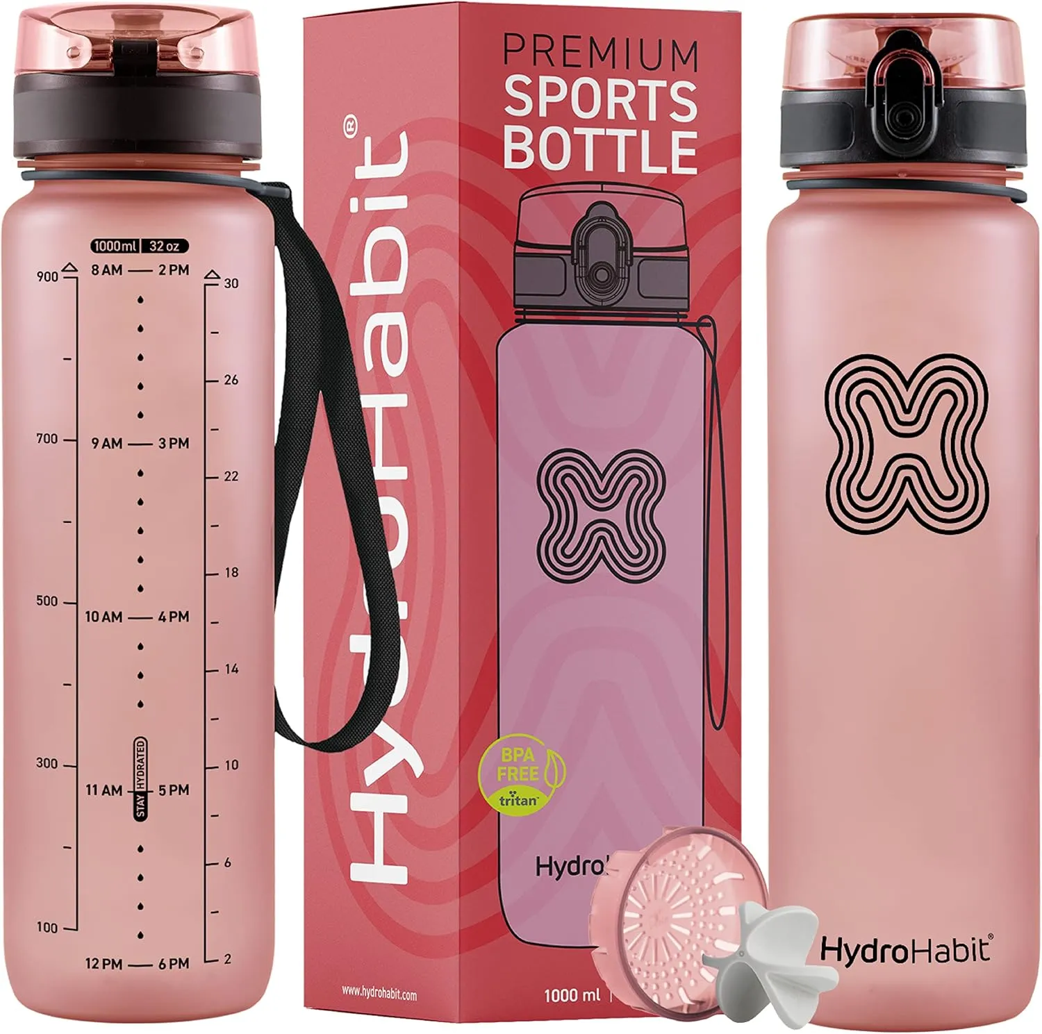 Sports Water Bottle with Time Marker Reminder - BPA Free, Non Toxic, Smooth Fast Flow Drinking, Flip Top Leak Proof Lid, Shaker Ball and Fruit Infuser Strainer - 32 oz 1 Liter Pink