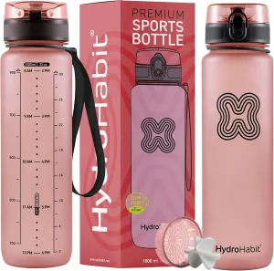 Sports Water Bottle with Time Marker Reminder - BPA Free, Non Toxic, Smooth Fast Flow Drinking, Flip Top Leak Proof Lid, Shaker Ball and Fruit Infuser Strainer - 32 oz 1 Liter Pink