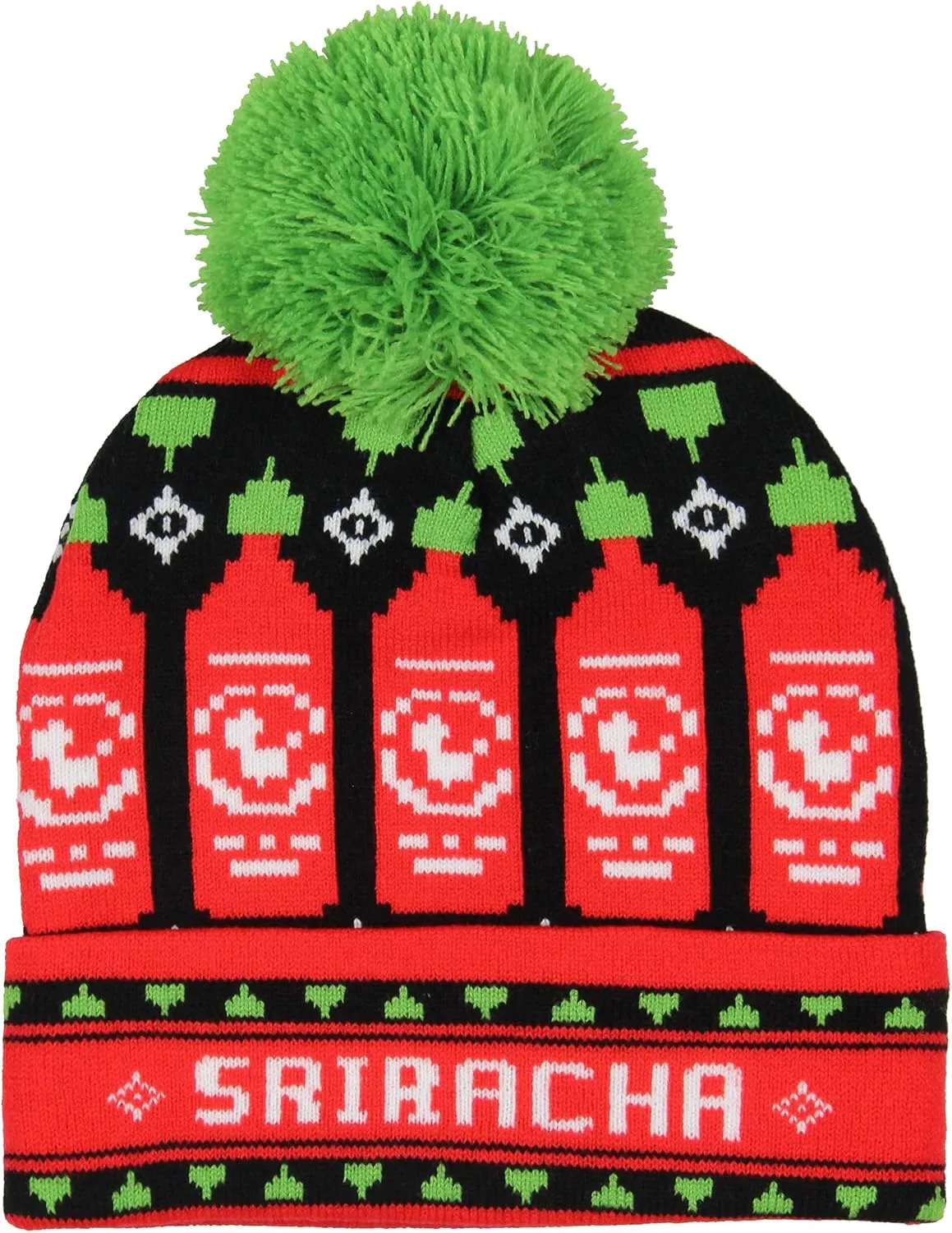 Sriracha Cuffed Beanie Cap - Rib Knit Pom Pom, Bottles Included
