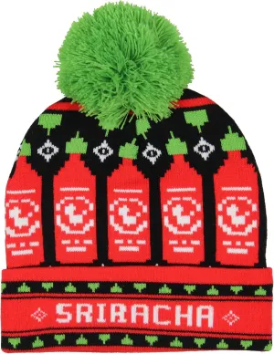 Sriracha Cuffed Beanie Cap - Rib Knit Pom Pom, Bottles Included