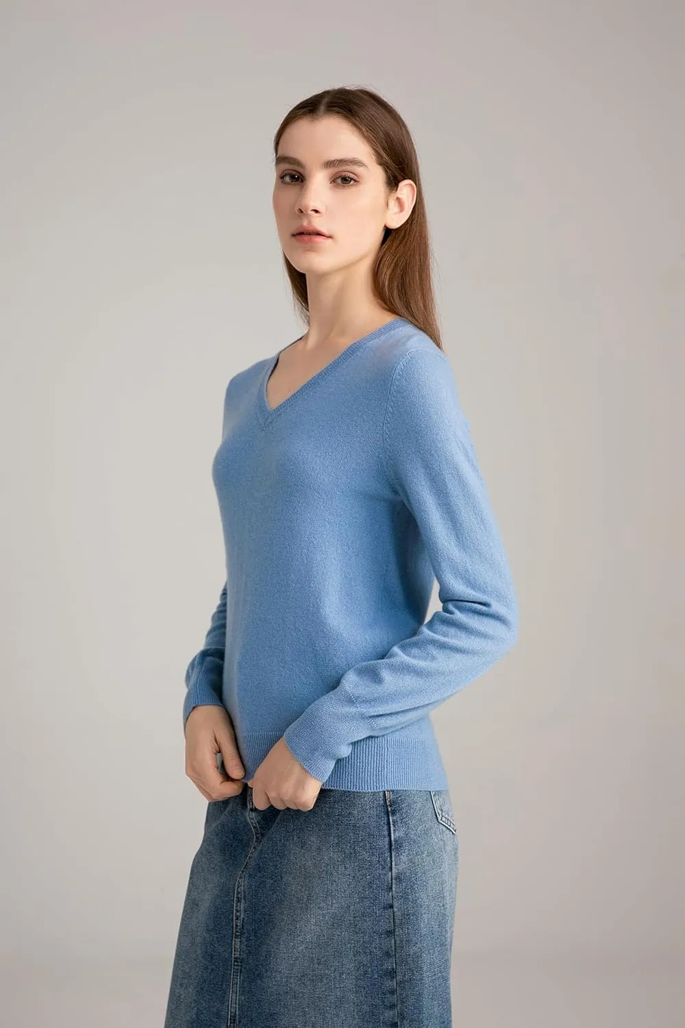 State Cashmere Women’s Essential V-Neck Sweater 100% Pure Cashmere Classic Long Sleeve Pullover