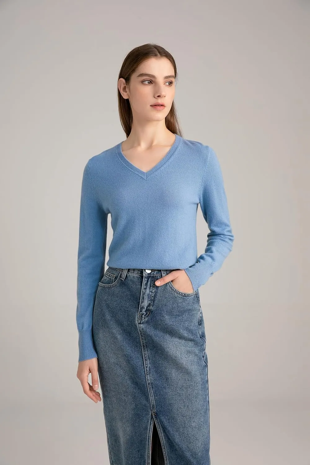 State Cashmere Women’s Essential V-Neck Sweater 100% Pure Cashmere Classic Long Sleeve Pullover