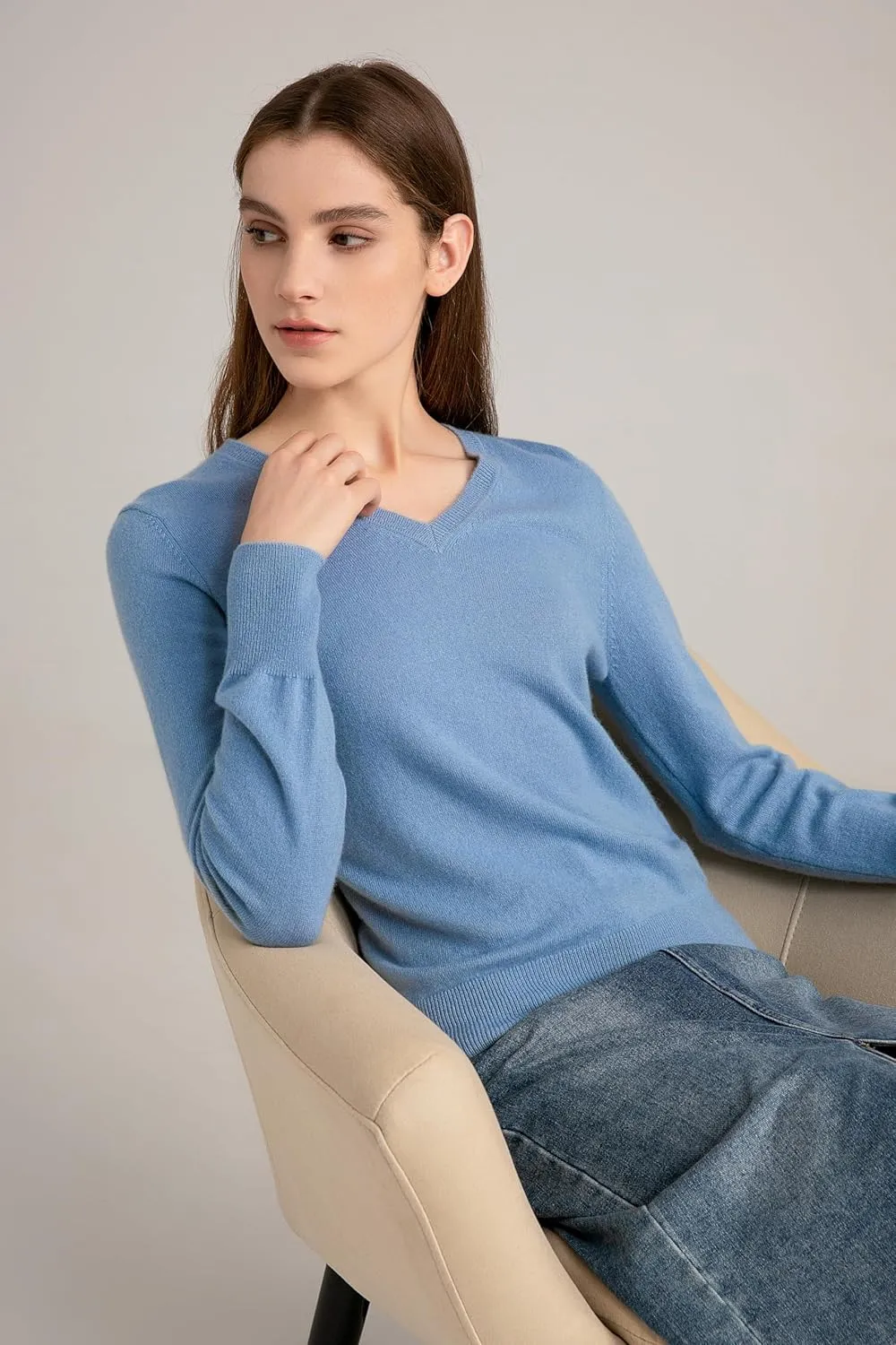 State Cashmere Women’s Essential V-Neck Sweater 100% Pure Cashmere Classic Long Sleeve Pullover