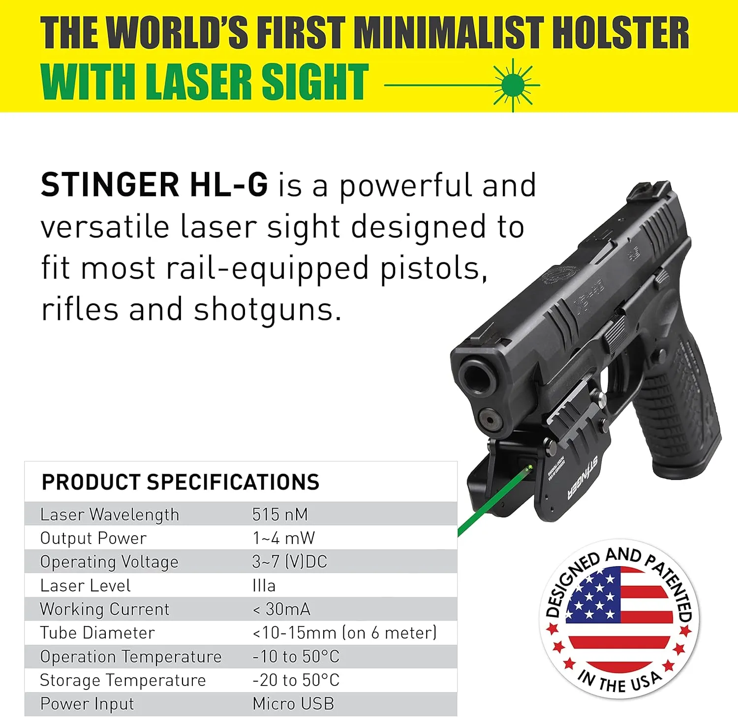 Stinger HL-G Minimalist Holster & Rechargeable Red/Green Laser Sight for Pistol Handgun, Green/Red Dot Sight, Gun Sights, Clip & Quick Draw, IWB Conceal Carry Trigger Guard Holster