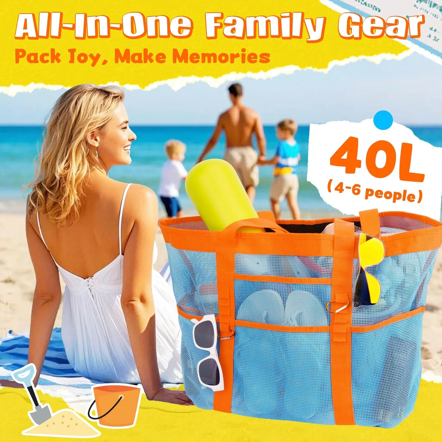 Stylish & Spacious XX-Large Beach Bag for Women – 12 Pockets, Foldable & Lightweight Mesh Tote, Includes 2 Carabiners