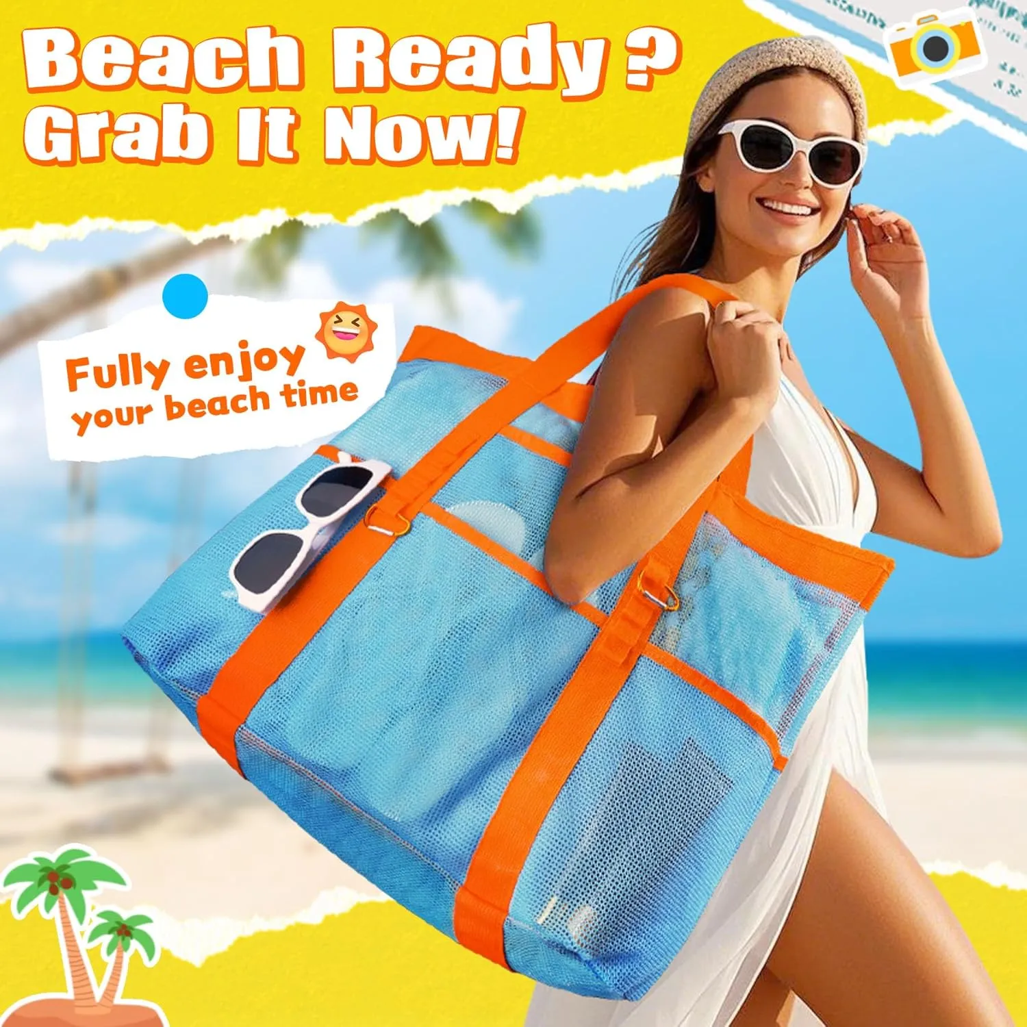 Stylish & Spacious XX-Large Beach Bag for Women – 12 Pockets, Foldable & Lightweight Mesh Tote, Includes 2 Carabiners
