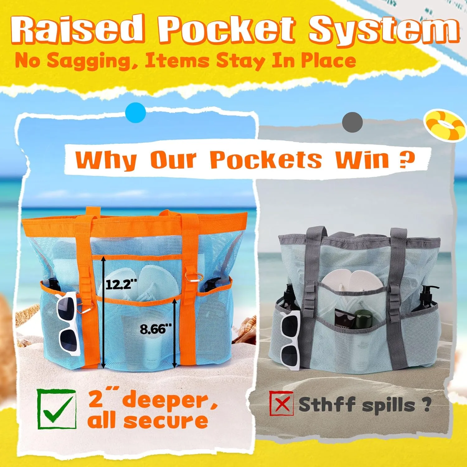 Stylish & Spacious XX-Large Beach Bag for Women – 12 Pockets, Foldable & Lightweight Mesh Tote, Includes 2 Carabiners