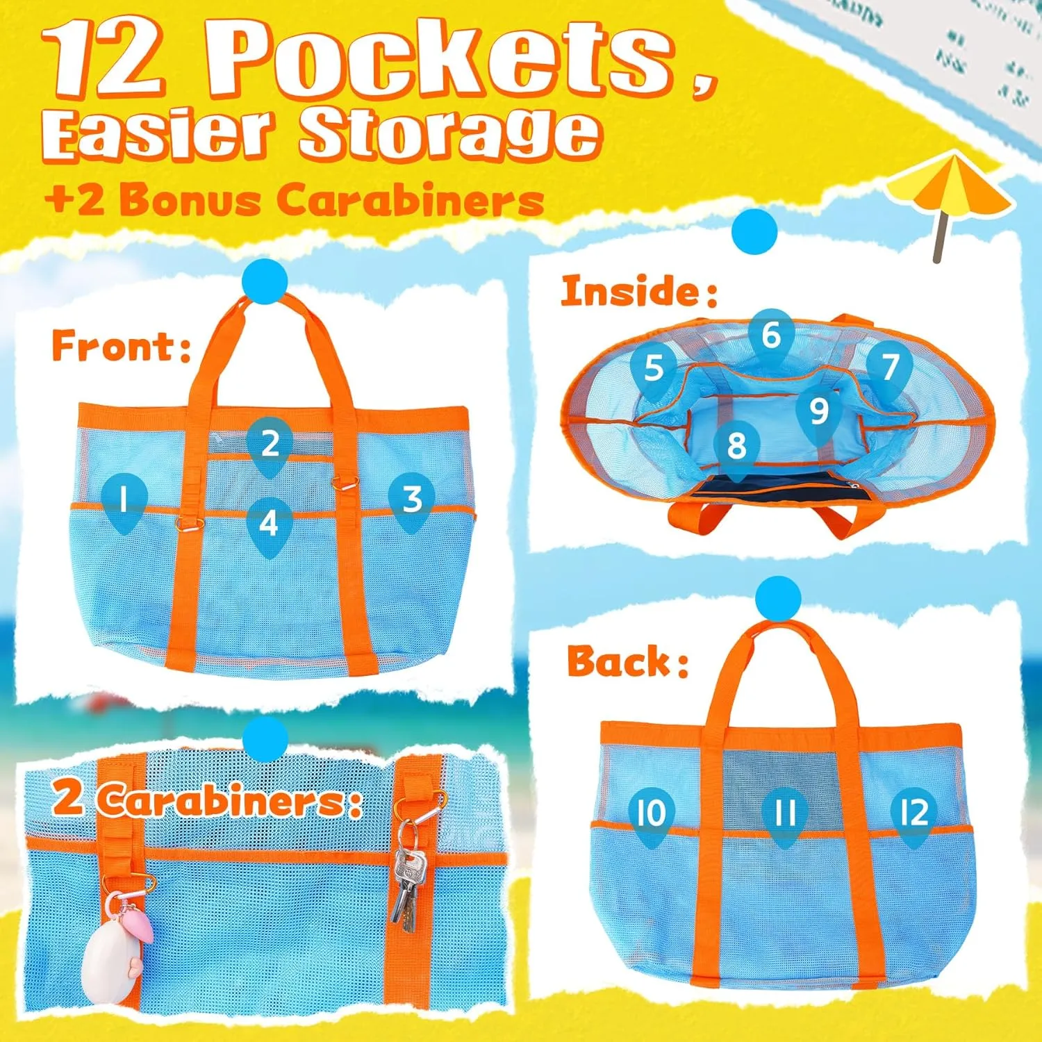 Stylish & Spacious XX-Large Beach Bag for Women – 12 Pockets, Foldable & Lightweight Mesh Tote, Includes 2 Carabiners