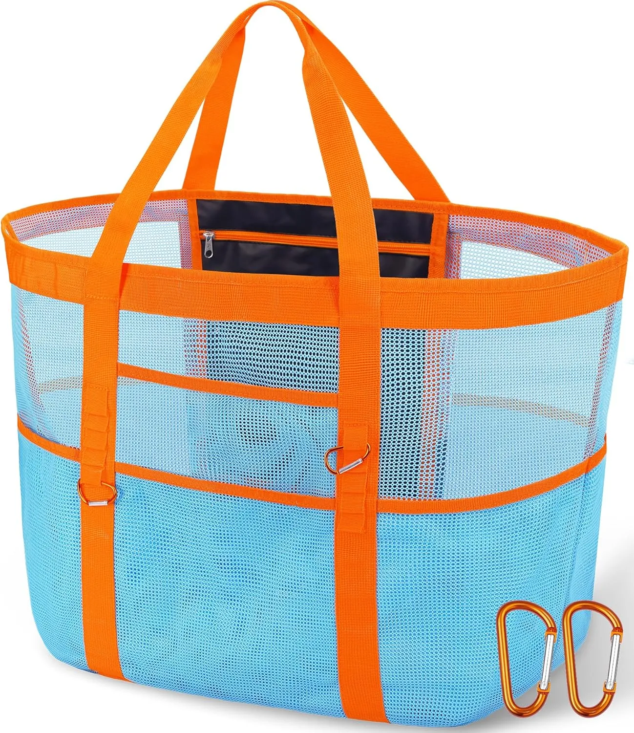 Stylish & Spacious XX-Large Beach Bag for Women – 12 Pockets, Foldable & Lightweight Mesh Tote, Includes 2 Carabiners