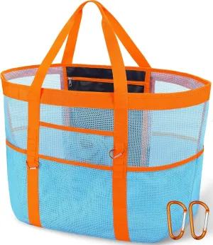 Stylish & Spacious XX-Large Beach Bag for Women – 12 Pockets, Foldable & Lightweight Mesh Tote, Includes 2 Carabiners