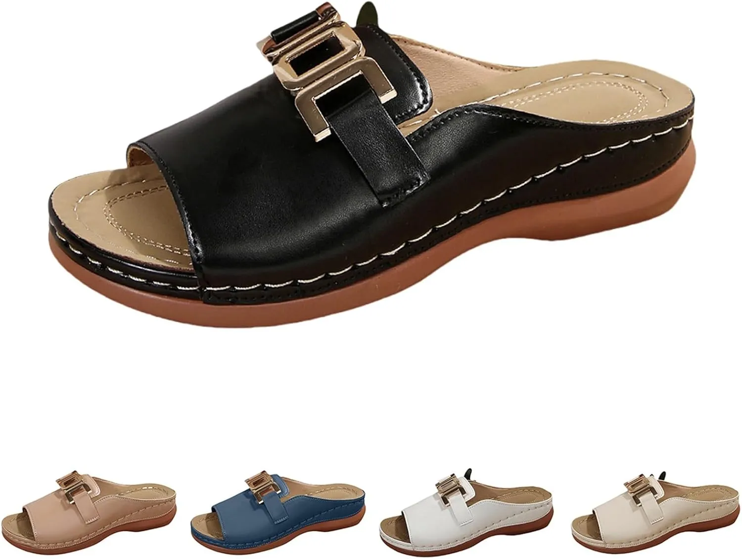 Summer Sandals for Women Open Toe Orthopedic Wedge Sandal with Arch Support Adjustable Buckle Slip On Beach Slides