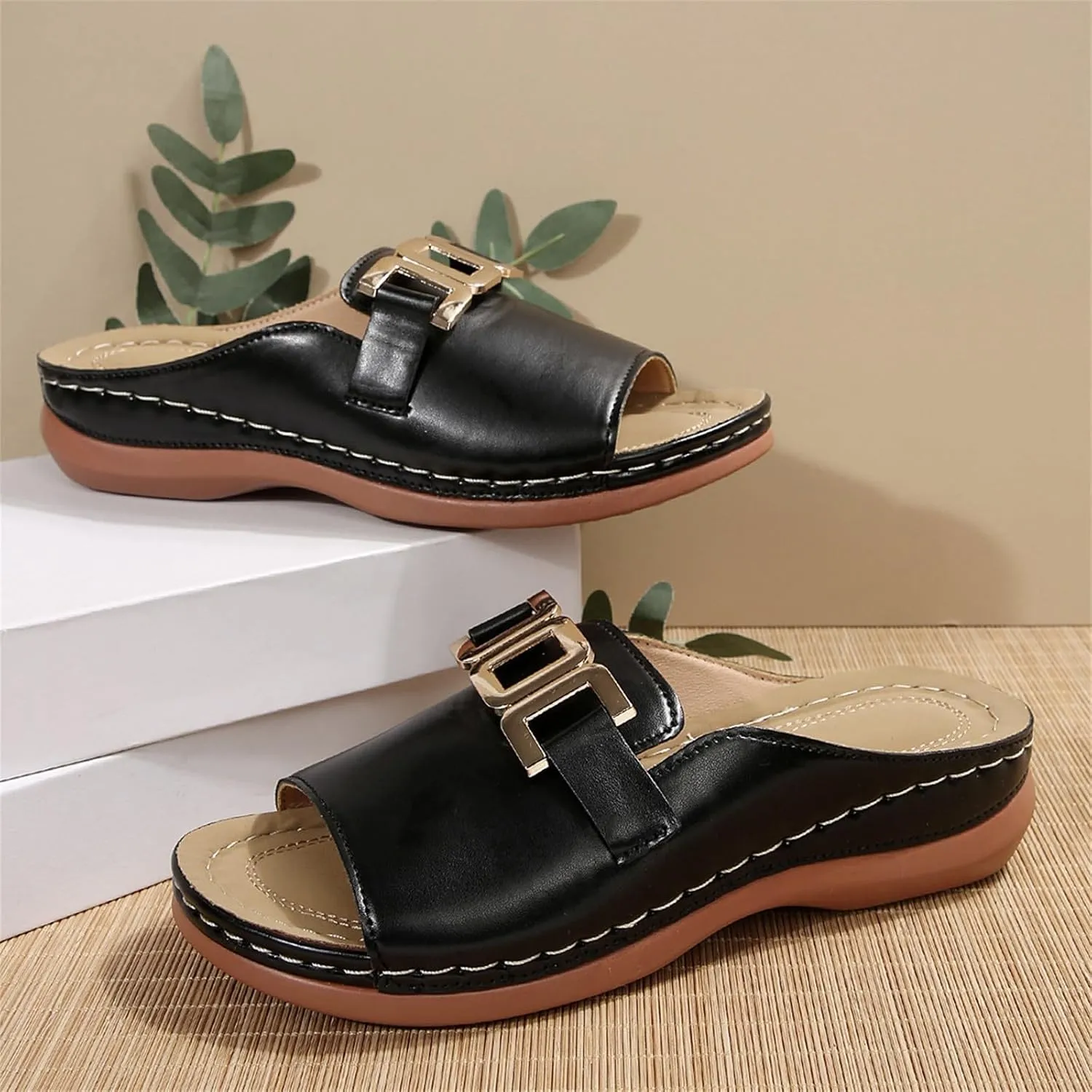 Summer Sandals for Women Open Toe Orthopedic Wedge Sandal with Arch Support Adjustable Buckle Slip On Beach Slides