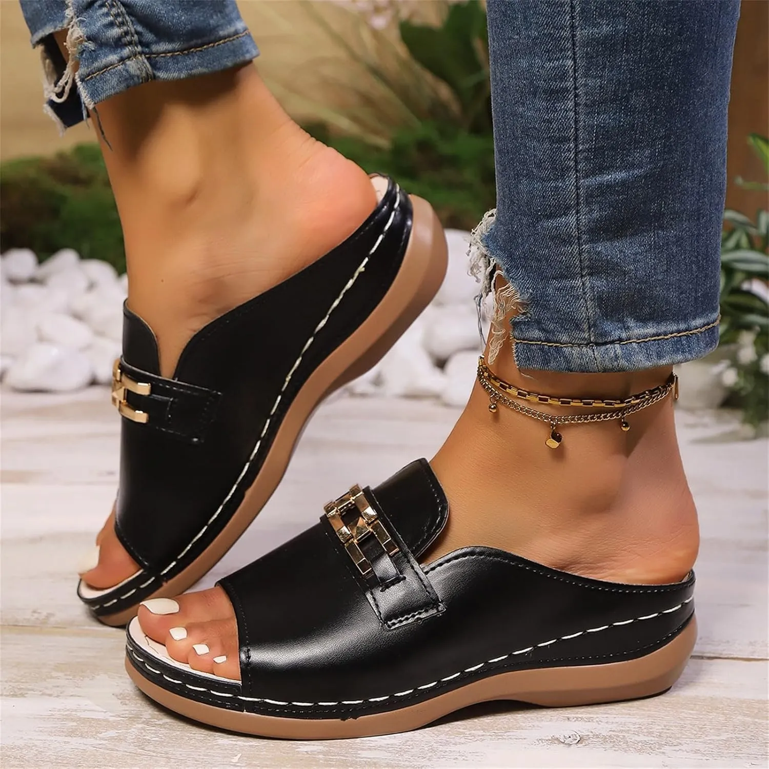 Summer Sandals for Women Open Toe Orthopedic Wedge Sandal with Arch Support Adjustable Buckle Slip On Beach Slides