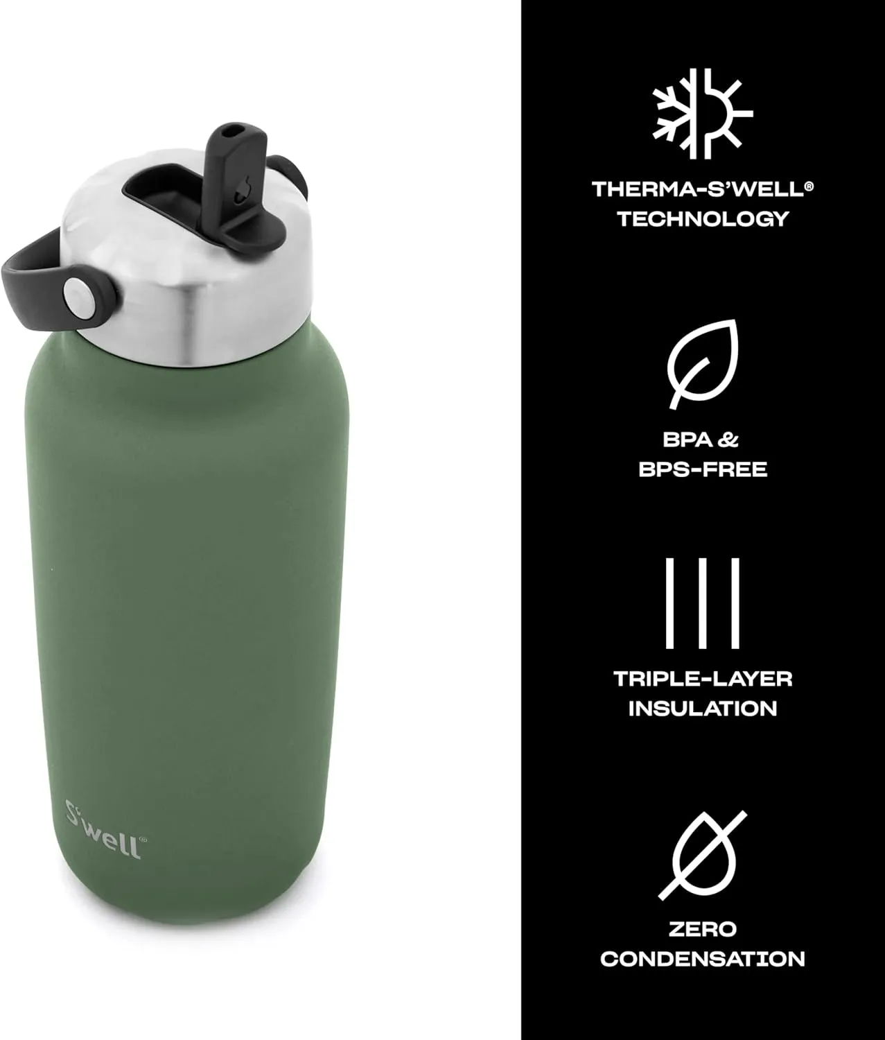 S'well Recycled Stainless Steel Explorer with Flip Straw Lid, 32oz, Green Jasper, Triple Layered Vacuum Insulated Containers Keeps Drinks Cold for 42 Hours and Hot for 10