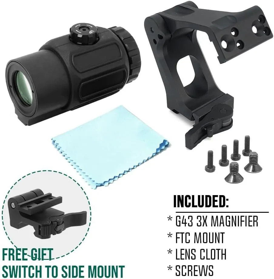 Tactical 3X Magnifier with FTC QD Mount Combo，2.26"/2.91" Optical Centerline Height，Quick Release & Flip-to-Center (FTC) Mechanism，CNC Aluminum