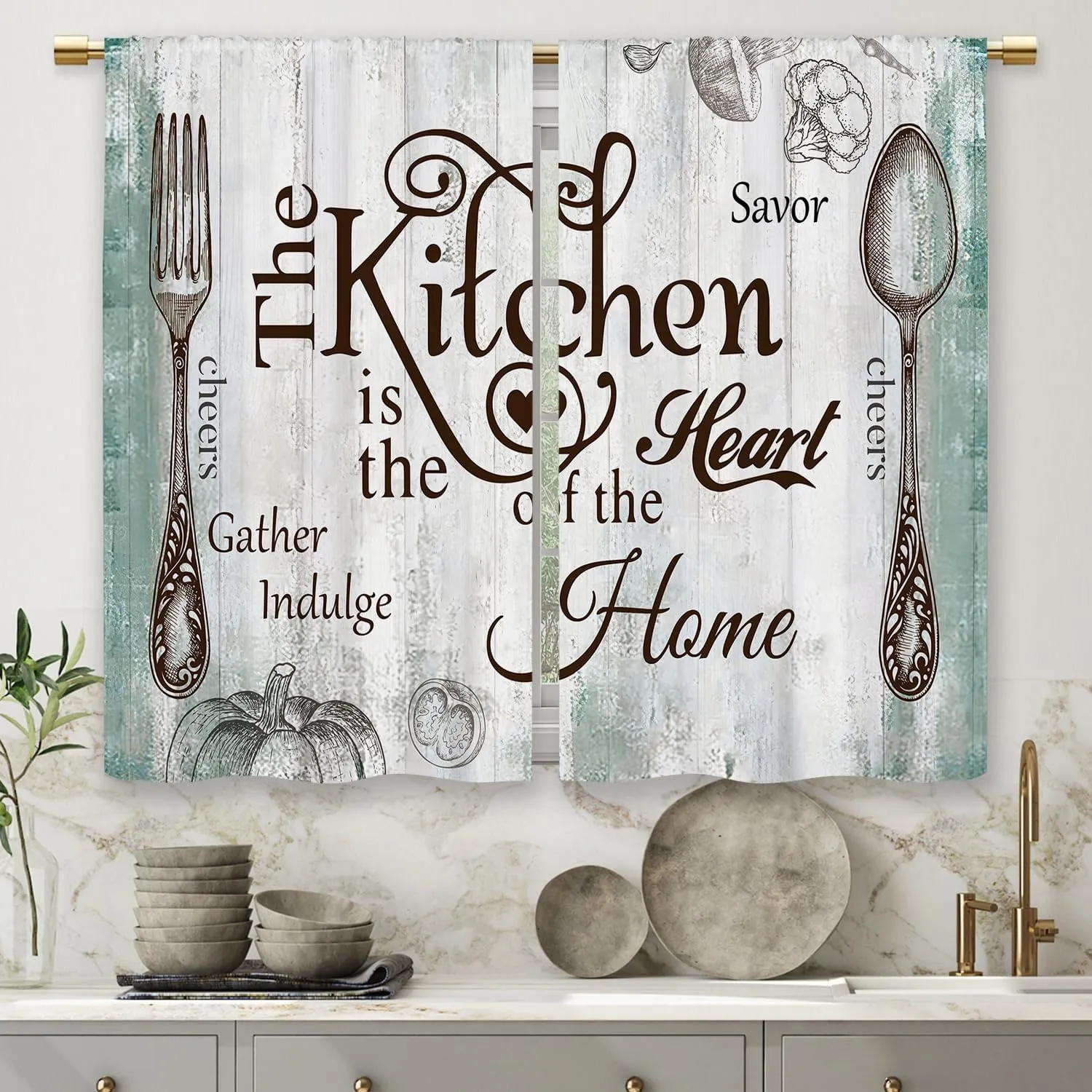 Teal Farmhouse Rustic Kitchen Curtains Wooden Wood Small Short Cafe Window Curtains Vintage Fork Spoon Retro Rod Pocket Bathroom Living Room Bedroom Drapes Treatment 2 Panels (27.5x39 Inch)