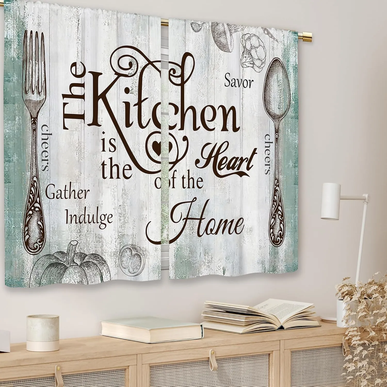 Teal Farmhouse Rustic Kitchen Curtains Wooden Wood Small Short Cafe Window Curtains Vintage Fork Spoon Retro Rod Pocket Bathroom Living Room Bedroom Drapes Treatment 2 Panels (27.5x39 Inch)