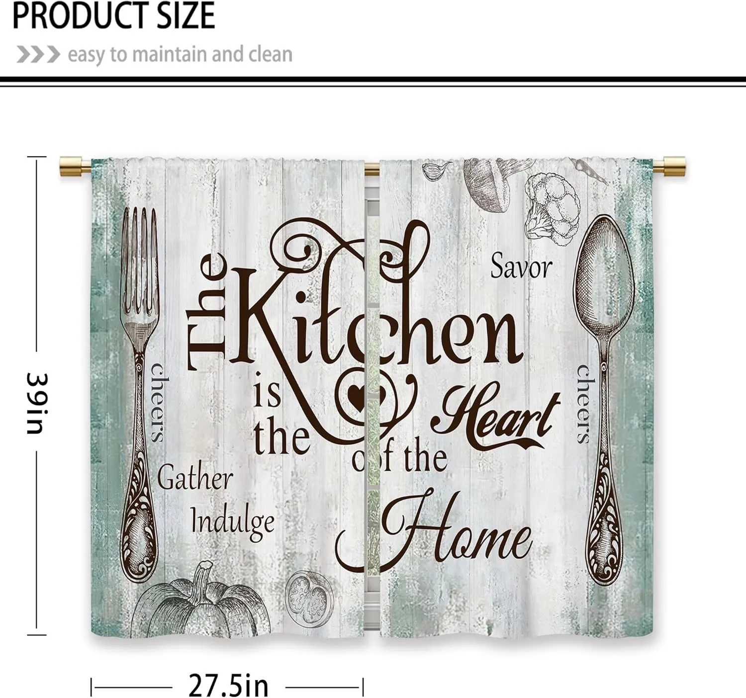 Teal Farmhouse Rustic Kitchen Curtains Wooden Wood Small Short Cafe Window Curtains Vintage Fork Spoon Retro Rod Pocket Bathroom Living Room Bedroom Drapes Treatment 2 Panels (27.5x39 Inch)
