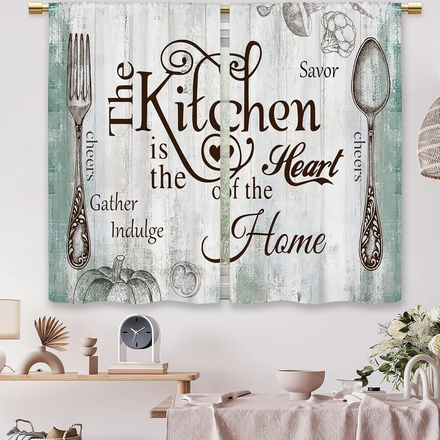 Teal Farmhouse Rustic Kitchen Curtains Wooden Wood Small Short Cafe Window Curtains Vintage Fork Spoon Retro Rod Pocket Bathroom Living Room Bedroom Drapes Treatment 2 Panels (27.5x39 Inch)