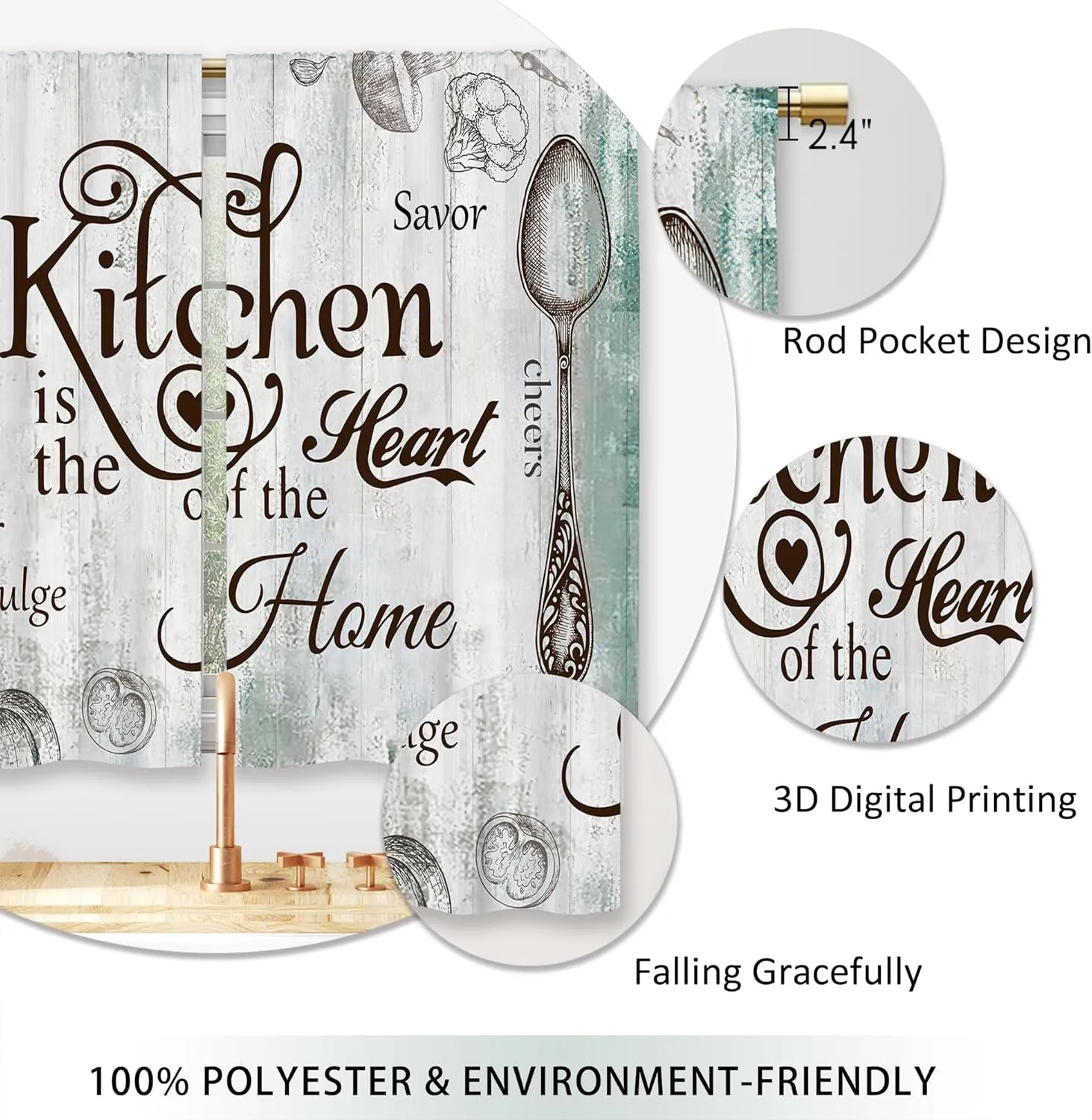 Teal Farmhouse Rustic Kitchen Curtains Wooden Wood Small Short Cafe Window Curtains Vintage Fork Spoon Retro Rod Pocket Bathroom Living Room Bedroom Drapes Treatment 2 Panels (27.5x39 Inch)