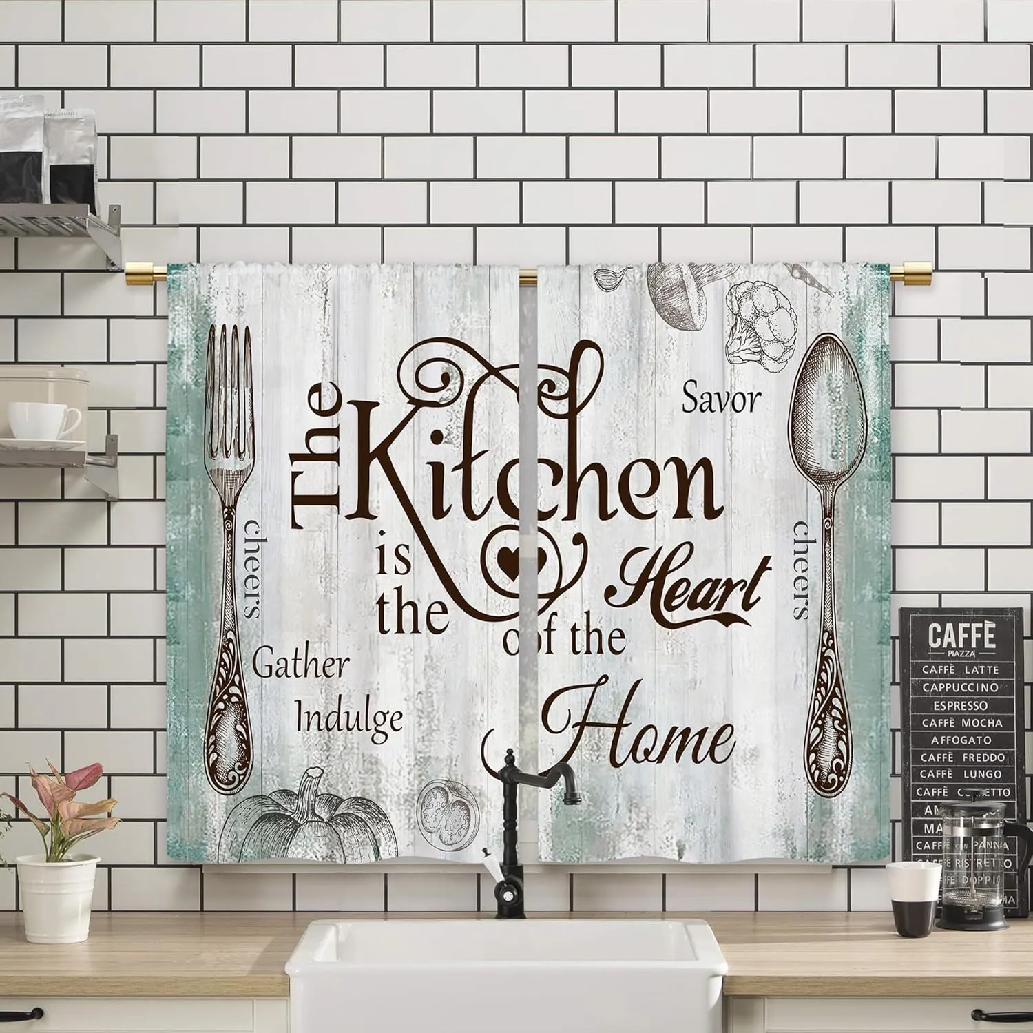 Teal Farmhouse Rustic Kitchen Curtains Wooden Wood Small Short Cafe Window Curtains Vintage Fork Spoon Retro Rod Pocket Bathroom Living Room Bedroom Drapes Treatment 2 Panels (27.5x39 Inch)