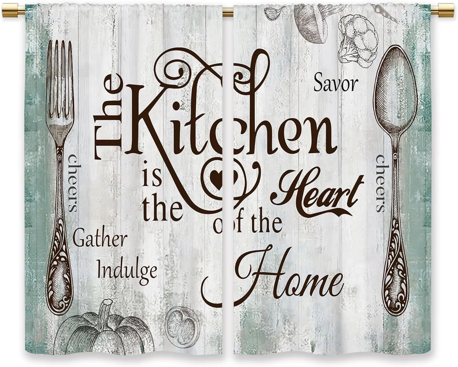 Teal Farmhouse Rustic Kitchen Curtains Wooden Wood Small Short Cafe Window Curtains Vintage Fork Spoon Retro Rod Pocket Bathroom Living Room Bedroom Drapes Treatment 2 Panels (27.5x39 Inch)