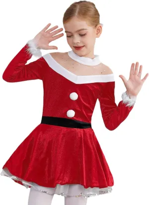 TiaoBug Girls Mrs Claus Costume Santas Christmas Party Dress Outfit Figure Ice Skating Ballet Dance Velvet Leotard Skirted