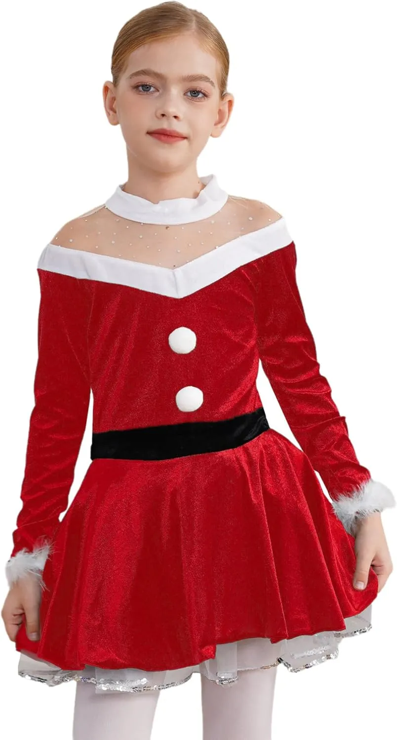 TiaoBug Girls Mrs Claus Costume Santas Christmas Party Dress Outfit Figure Ice Skating Ballet Dance Velvet Leotard Skirted
