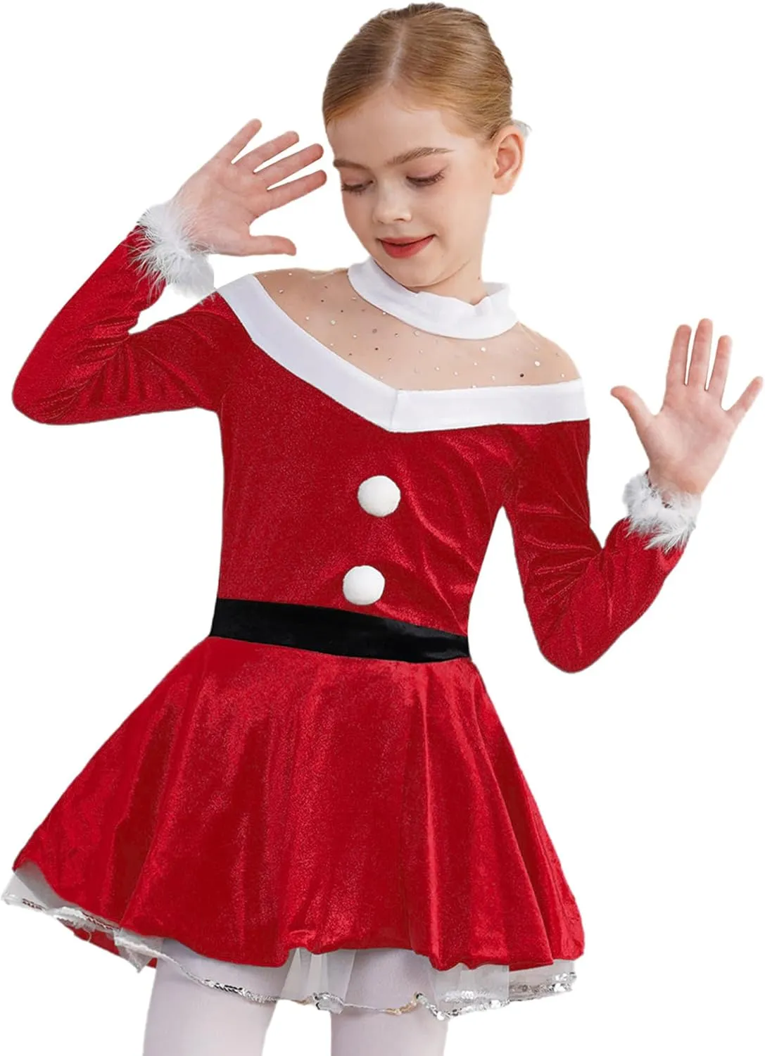TiaoBug Girls Mrs Claus Costume Santas Christmas Party Dress Outfit Figure Ice Skating Ballet Dance Velvet Leotard Skirted