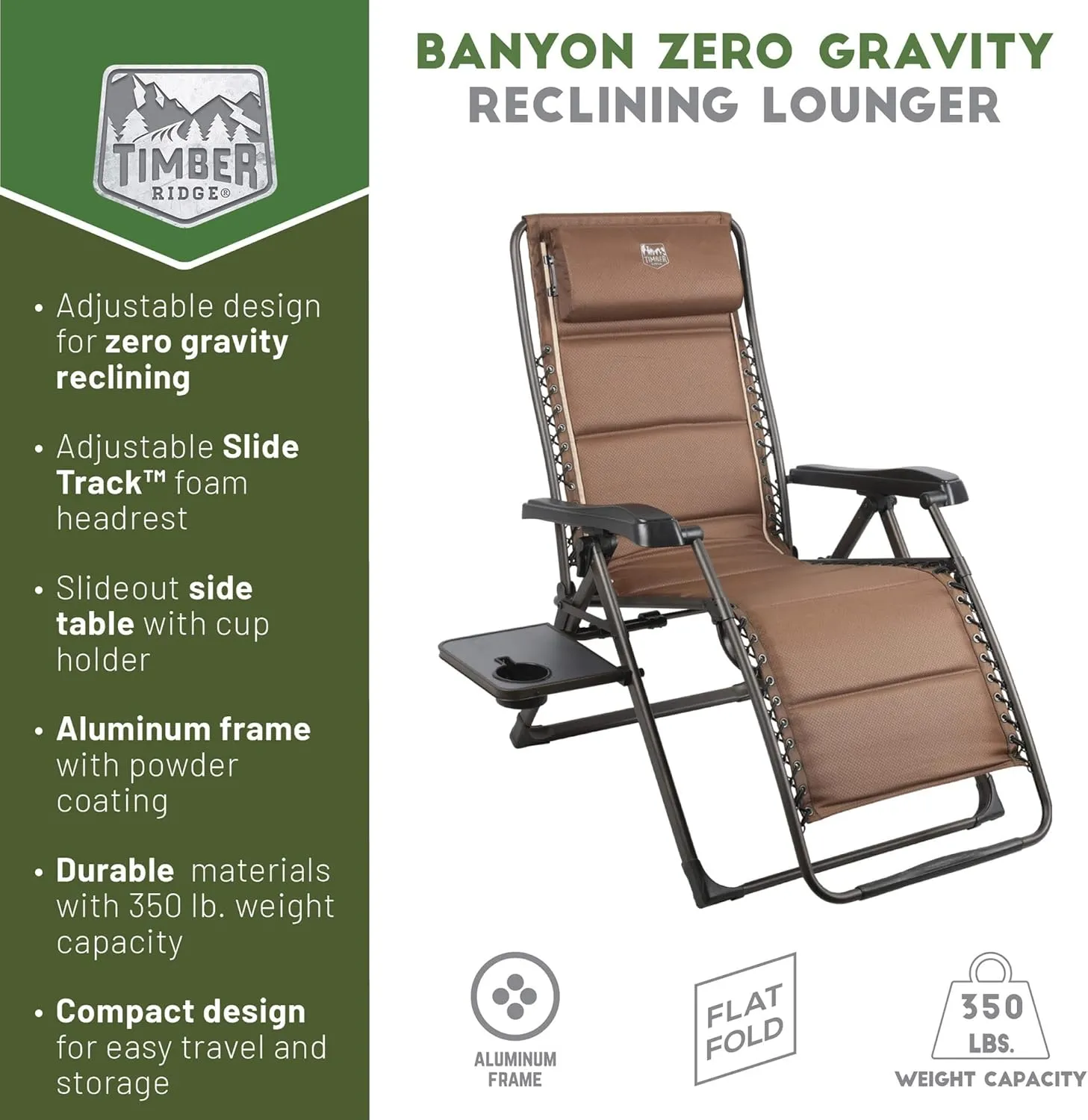 TIMBER RIDGE Zero Gravity Chairs, Folding Recliner Chair Padded with Cup Holder and Headrest, Adjustable Lounge Reclining Chair for Outdoor Camping Lawn Patio Indoor, Supports 350lbs, Brown