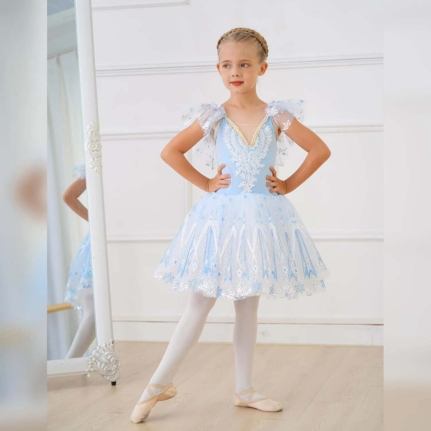 Toddler Ballet Leotards for Girls Glitter Tulle Skirt 2PCS Ruffle Sleeve Tutu Dresses with Hair Clip One Piece Outfits