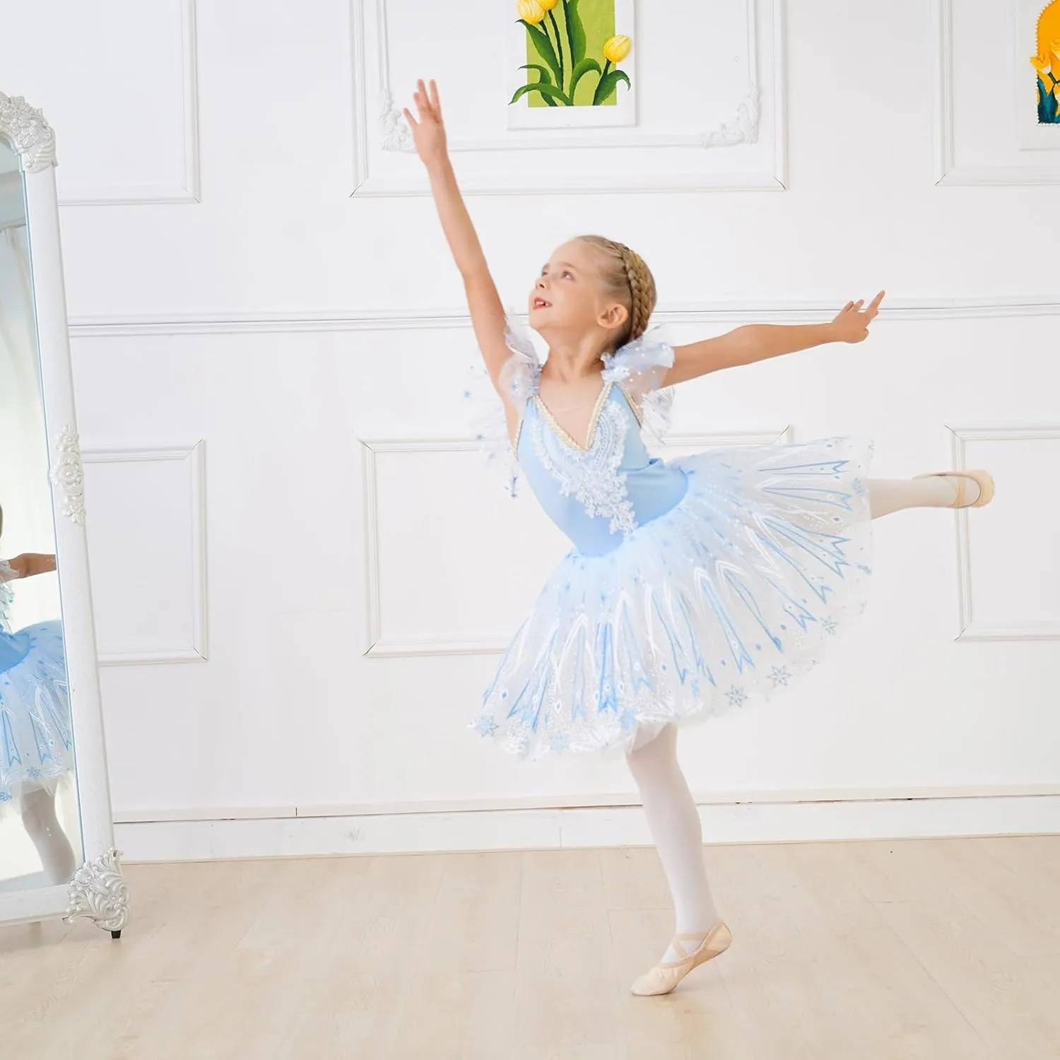 Toddler Ballet Leotards for Girls Glitter Tulle Skirt 2PCS Ruffle Sleeve Tutu Dresses with Hair Clip One Piece Outfits