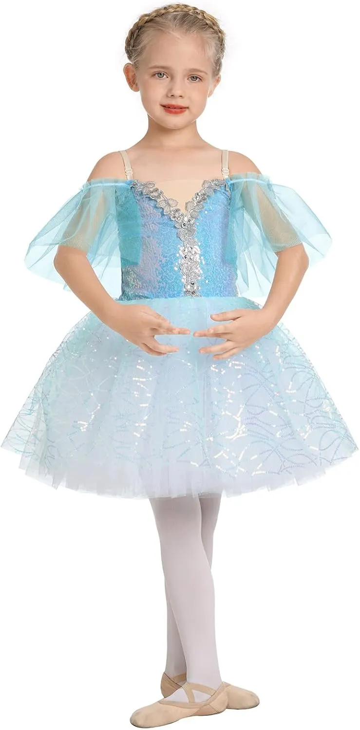 Toddler Ballet Leotards for Girls Glitter Tulle Skirt 2PCS Ruffle Sleeve Tutu Dresses with Hair Clip One Piece Outfits