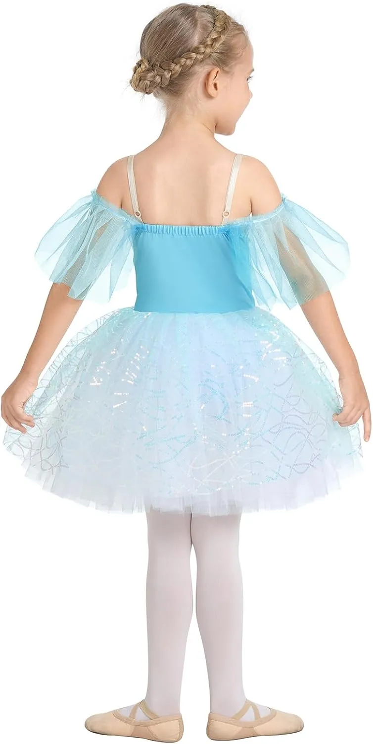 Toddler Ballet Leotards for Girls Glitter Tulle Skirt 2PCS Ruffle Sleeve Tutu Dresses with Hair Clip One Piece Outfits