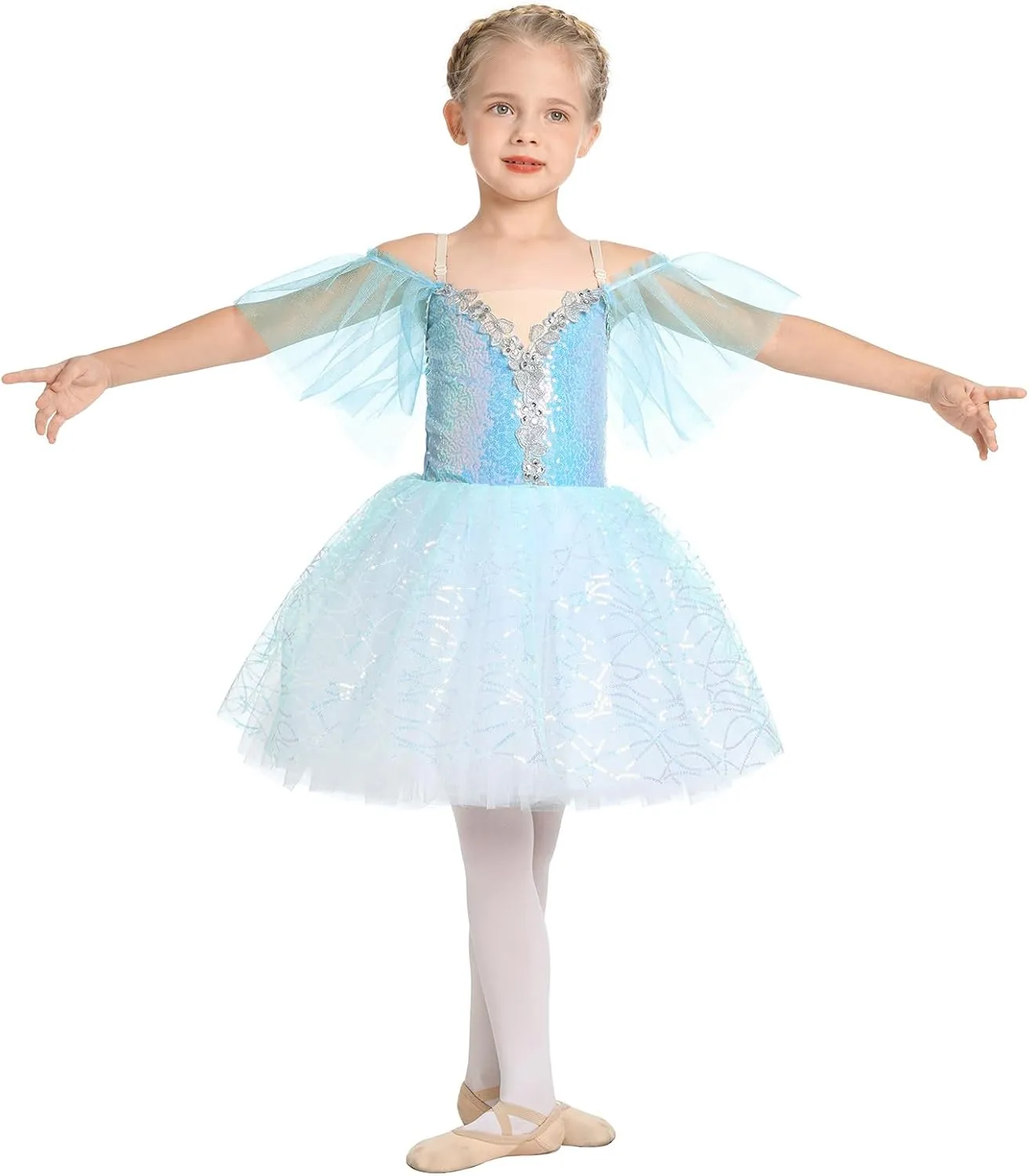 Toddler Ballet Leotards for Girls Glitter Tulle Skirt 2PCS Ruffle Sleeve Tutu Dresses with Hair Clip One Piece Outfits
